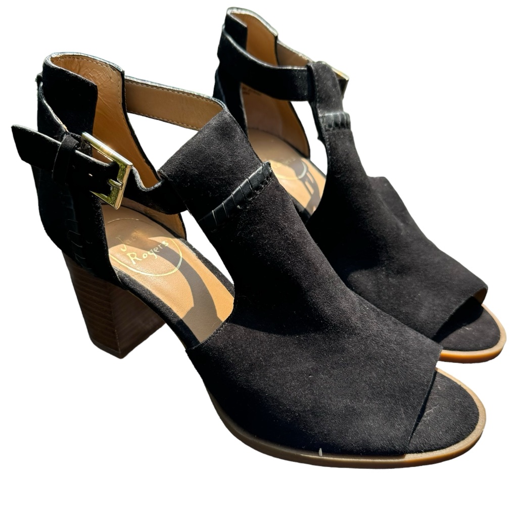 Jack Rogers Black Suede Cameron Peep Toe Block Heel Bootie Size 6.5 Euc